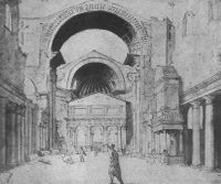 Bild 2: Ansicht der Baustelle des Petersdoms, in der Mitte das Tegurio Bramantes