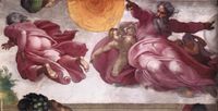Michelangelo, &quot;Die Erschaffung der Sonne, des Mondes und der Pflanzen&quot;, 1508-1512, Fresko, Sixtinische Kapelle, Rom